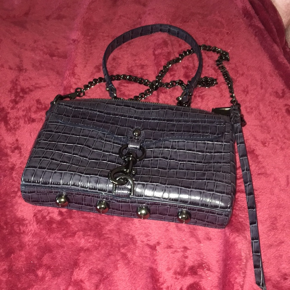 Rebecca Minkoff gray blue exotic Croc embossed Mini Mac crossbody